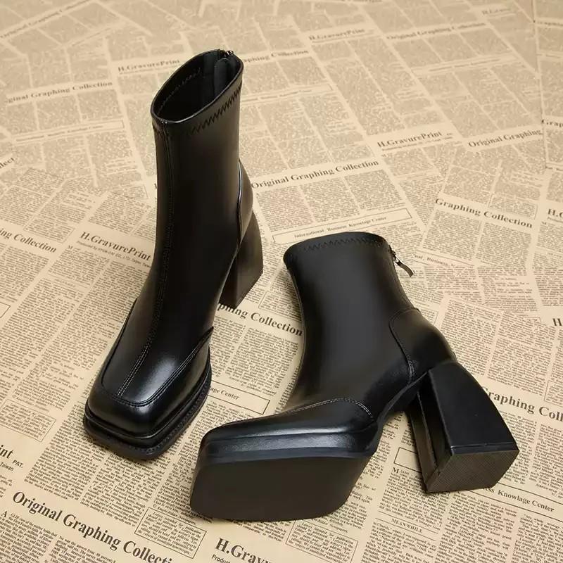 High-end Mid-Calf Boots 6/9cm Heel Height Cow Leather Square Toe Fashion Slip On Thick Sole Block Heel Ladies Shoes Ankle Boots