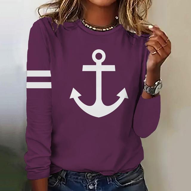 Herbst Frauen T Shirt Langarm Tops Anker Grafik Weibliche Kleidung Alltägliche Streetwear Oansatz Pullover Für frauen Tees 2023