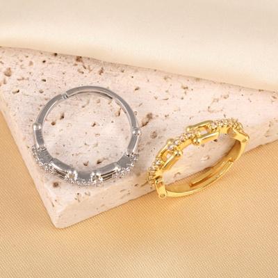 European & American Adjustable Copper Gold-Plated Zircon Ring with U-Shaped Lock Buckle Design for Women.