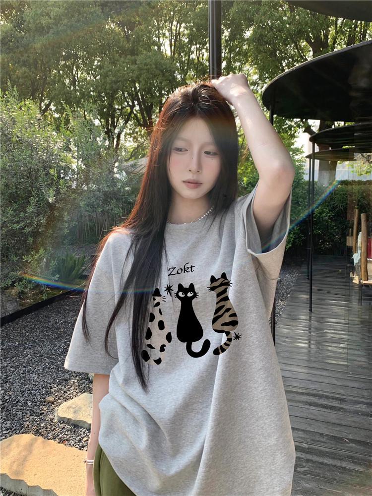 Women's 2026 Drop Shoulder Cartoon T-Shirt - Pure Cotton, Short Sleeve, Trendy American Style