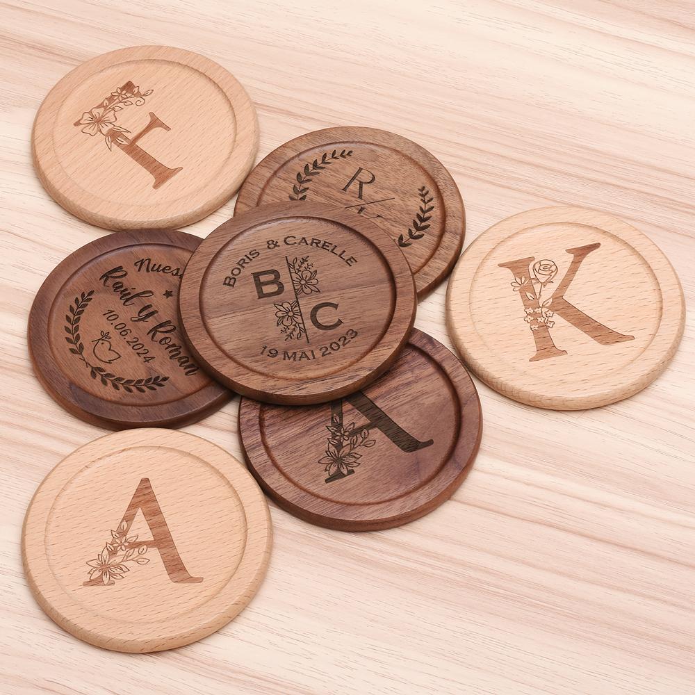 6Pcs/Set Free Customized Engraving Walnut Wood Coasters Placemats Decor Round Heat Japanese Style Drink Coaster Home Decoration