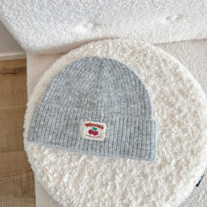 Autumn and Winter Embroidered Cloth Label Cherry Woolen Hat Korean Style Simple Face Showing Small Cold Hat Ear Protection Pullover Head Woolen Hat