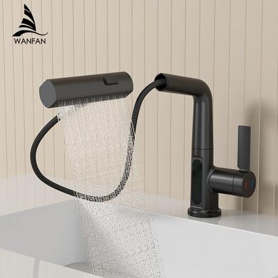 Black Waterfall Basin Faucet Lift Up Down Stream Sprayer Hot Cold Water Sink Mixer Wash Tap For Bathroom 3228