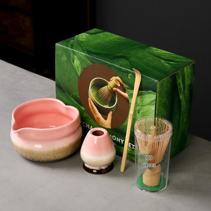 Japanese Heart-shaped Matcha Bowl Set with Whisk and Brush for Tea Ceremony