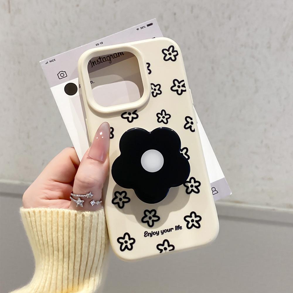 Applicable to iphone16/17Promax all-inclusive anti-drop mobile phone case Apple 15/14 black flower bracket protective case 13