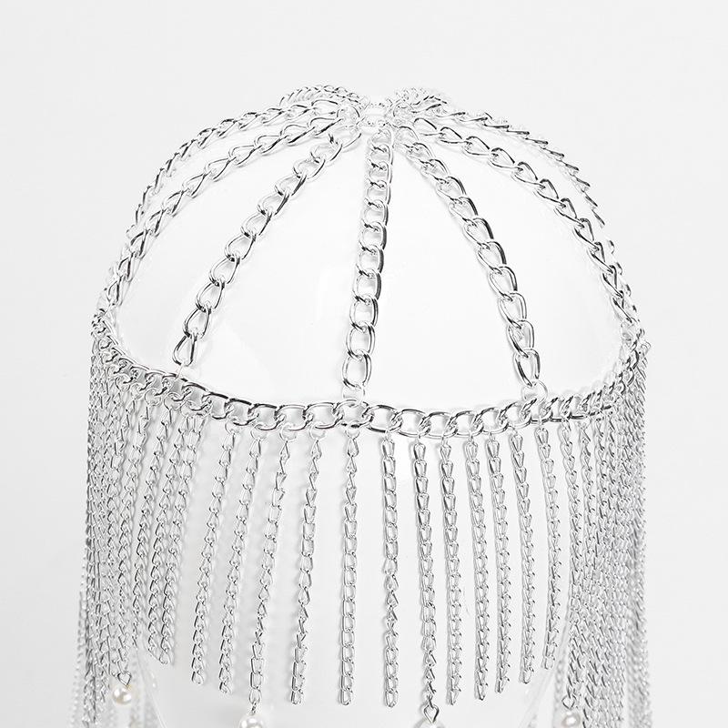 Exaggerated Long Tassel Aluminum Chain Headpiece with Pearl Pendant for Women