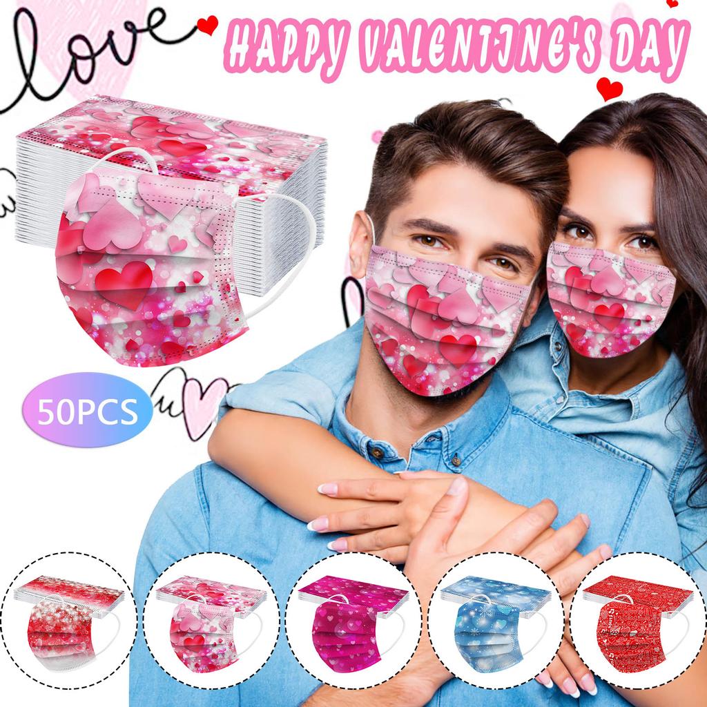Disposable Face Masks Unisex Adults Valentine's Day Printed 3Layer Masks 50PCS uygun fiyatlı