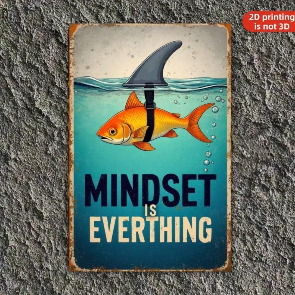Vintage Goldfish Shark Fin Mindset Metal Sign Motivational Tin Wall Art Home Office Decor