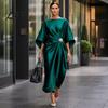Lightweight Summer Dress Women's Satin Batwing Sleeve Maxi Dress, Rhinestone Accent Crew Neck Elegant Solid Color Evening Party A Line Formal Wedding