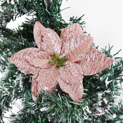 15cm Christmas Glitter Poinsettia Flower Sequins Flocking Simulated Flower Head Realistic DIY Wreath Artificial Christmas Flower