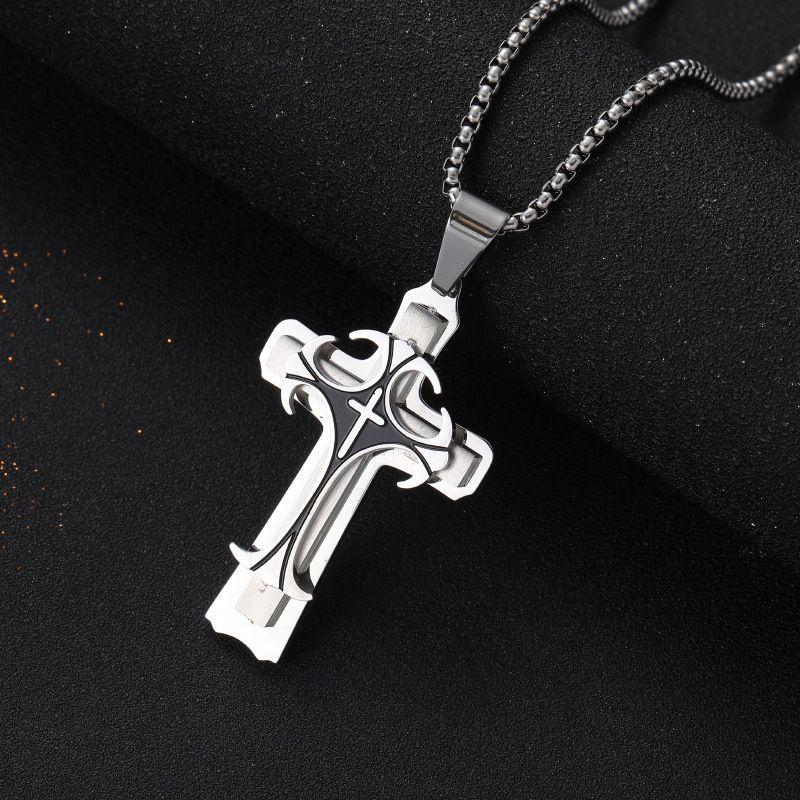 Men's Cross Pendant Necklace, Personalized Titanium Steel Layered Chain