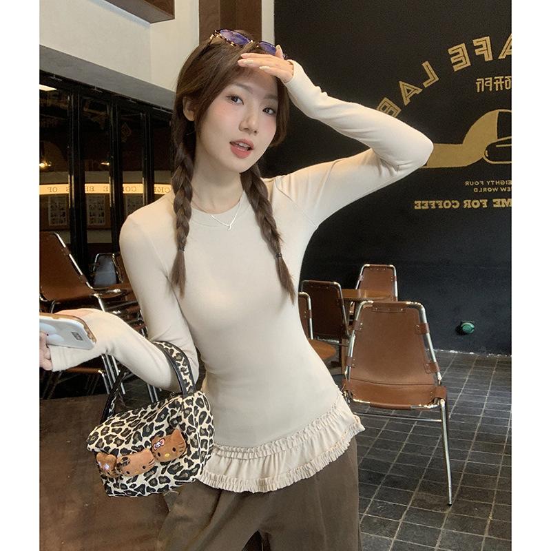 Designed Double-layered Round-neck Long-sleeved Bottoming Shirt with Earrings for Women In Autumn and Winter with T-shirt Slim Fit and Beautiful Top