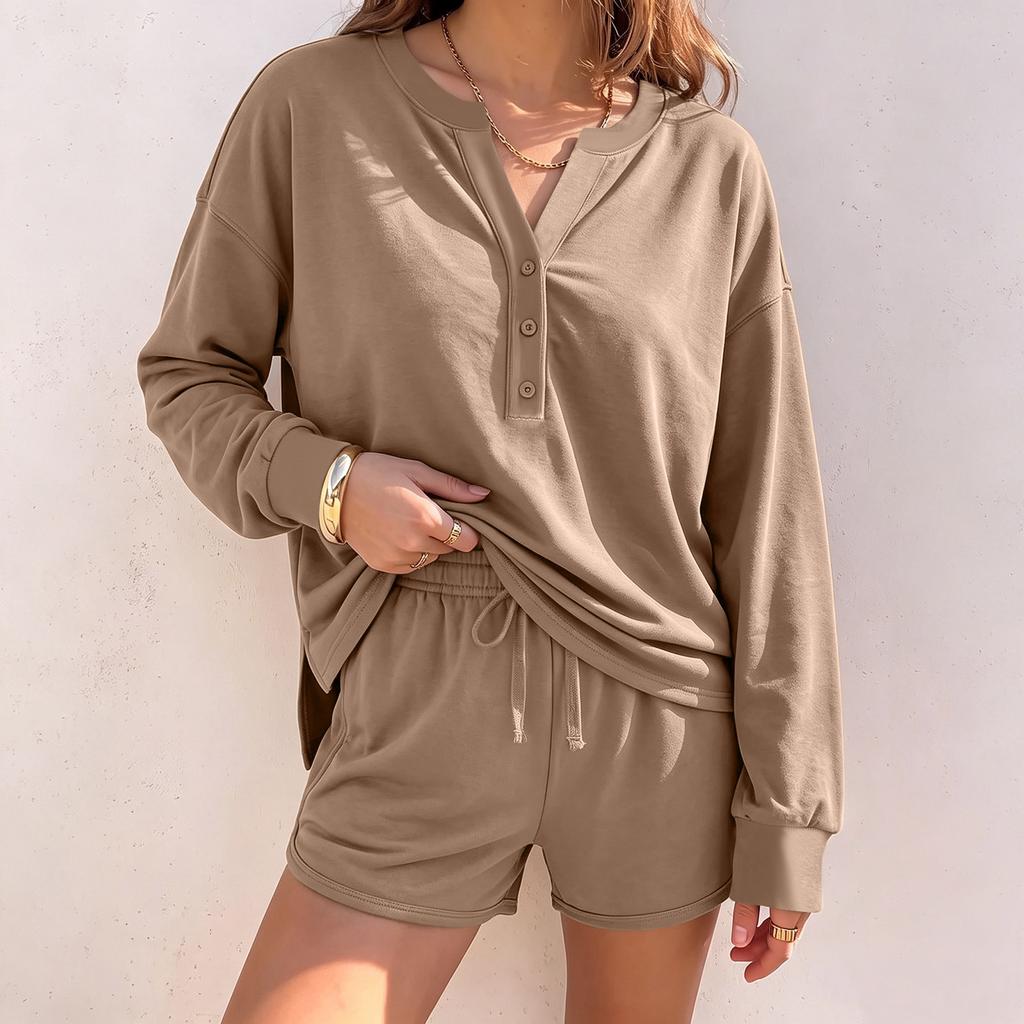 Women's Casual Long Sleeve Top and Shorts 2 Piece Set for Fall Winter