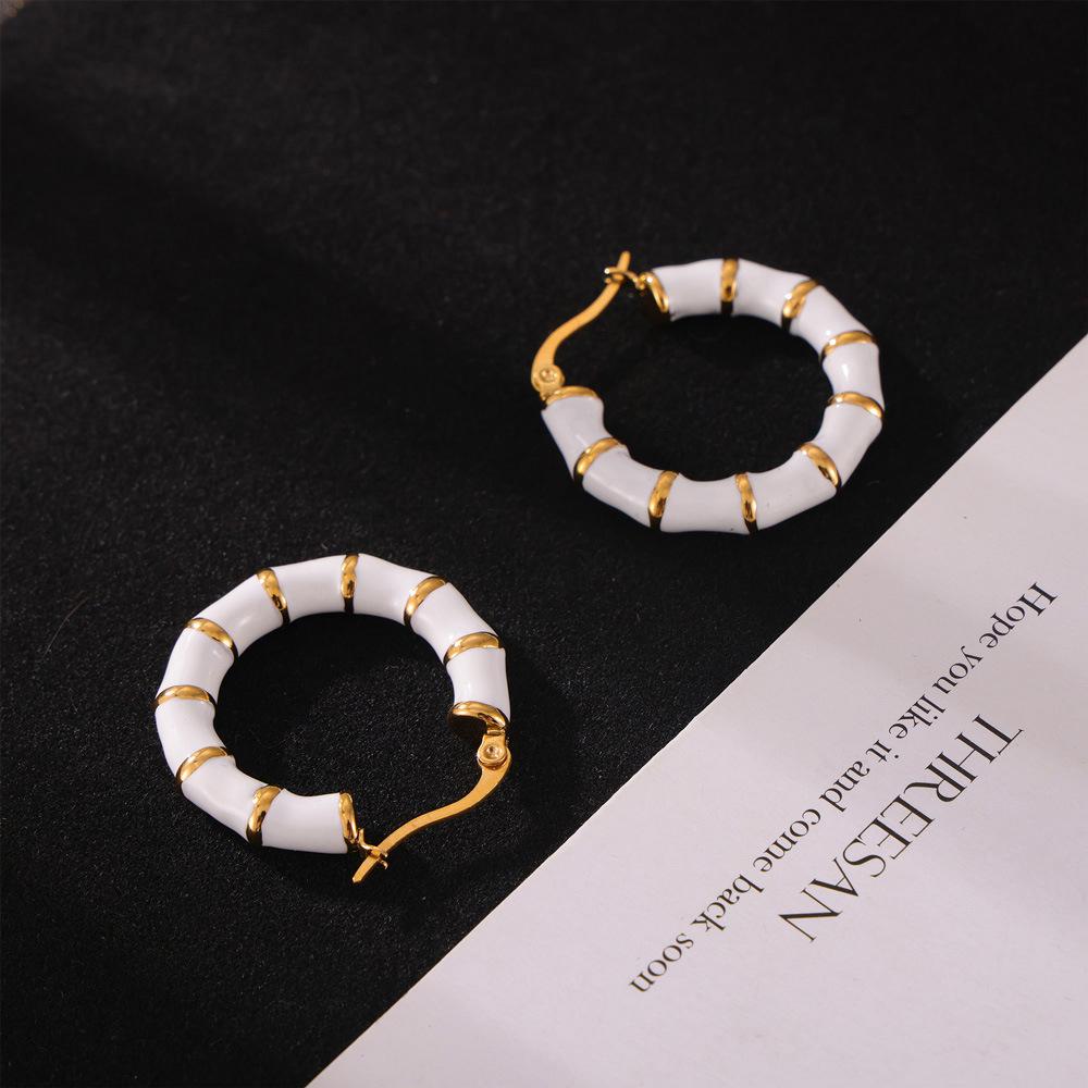 18k Gold-Plated Titanium Steel Drip Glaze Hoop Earrings - Fashionable Versatile Bamboo Design