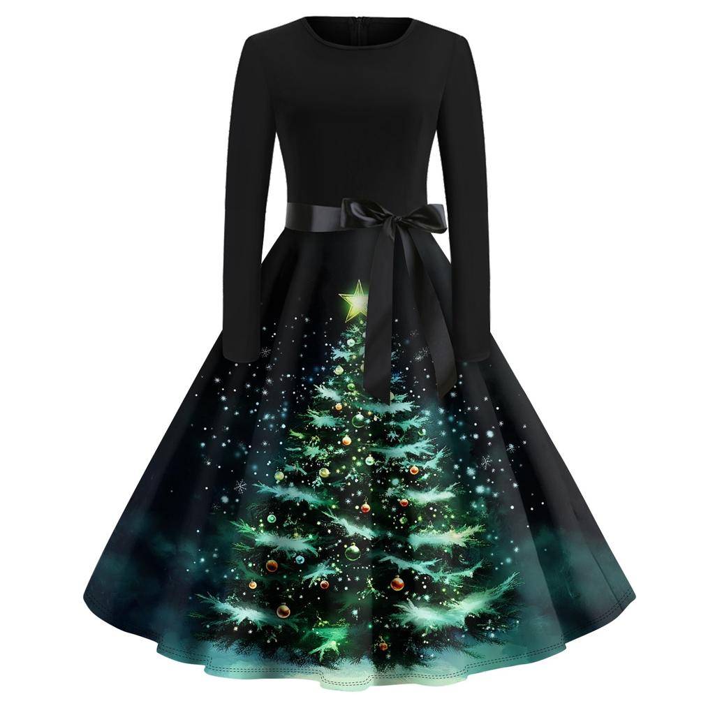 Damen Vintage Classic Kleid Langarm Weihnachtsdruck Rundhals Swing Kleid