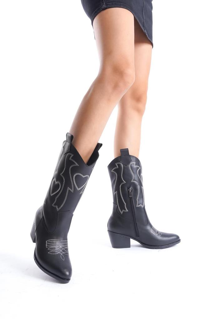 Women Modern Stylish Fashion Boots Boots Faux Leather Black Skin Leather White Heart Embroidered Cowboy Zipper Western Boots
