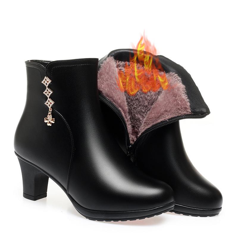 Autumn Winter Women's Leather Boots New Fashion Waterproof Side Zipper High Heels Non-slip Lightweight Warm Cotton Boots