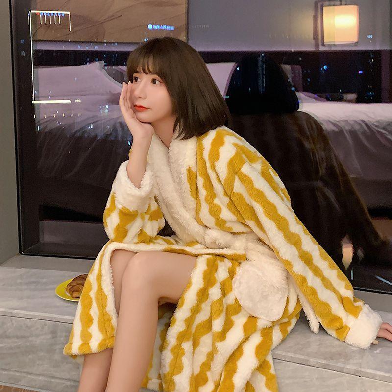Langer Bademantel aus Korallenfleece für Damen, Winter-Kimono, warmer Flanell-Bademantel, bequemer Schlafanzug für die Nacht, Morgenmantel, Übergröße