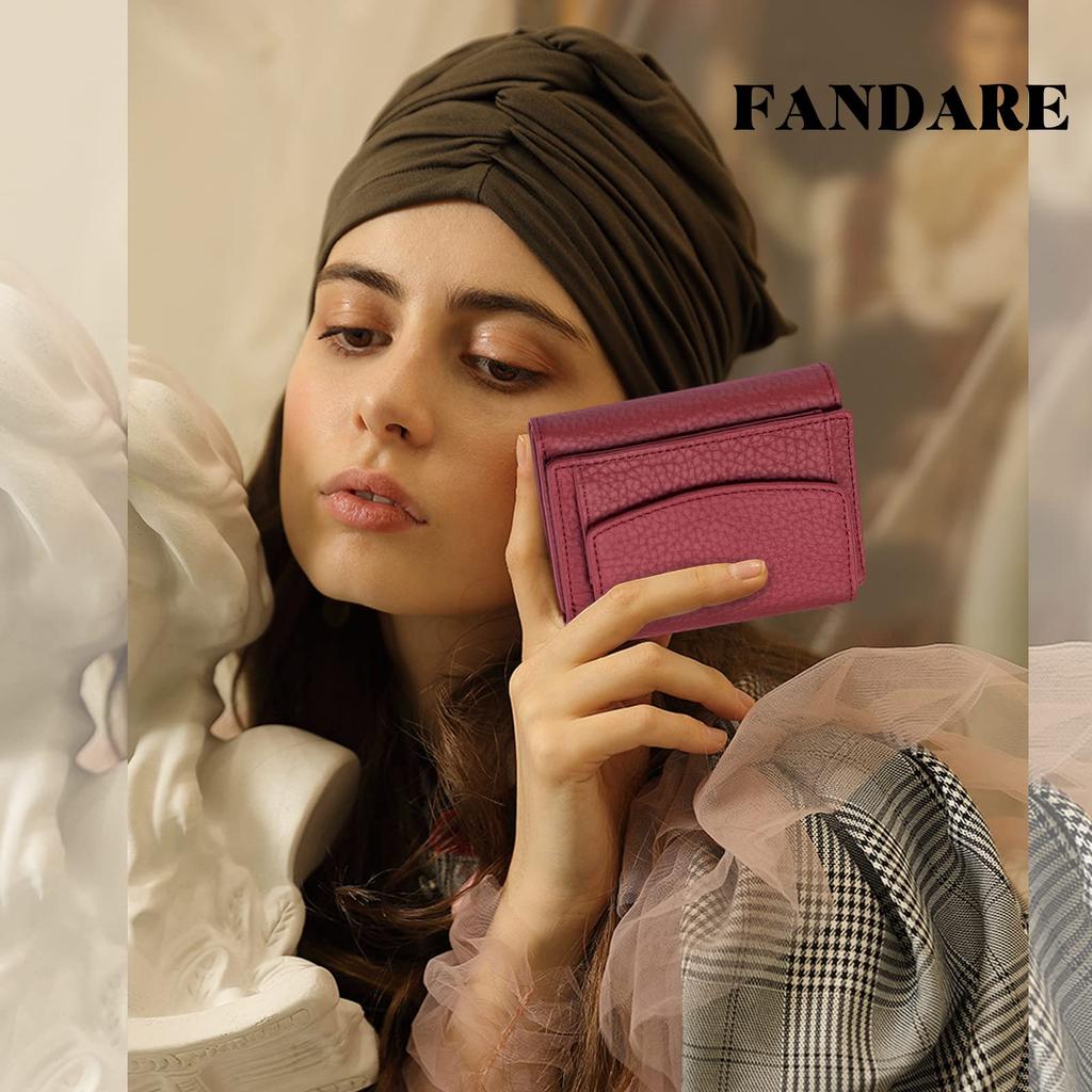 FANDARE Women's Mini Tri-fold Wallet, Genuine Leather, Popular Small Box-Shaped Coin Purse, Anti-Skimming, Card Storage, Coin Case, Cowhide Leather,