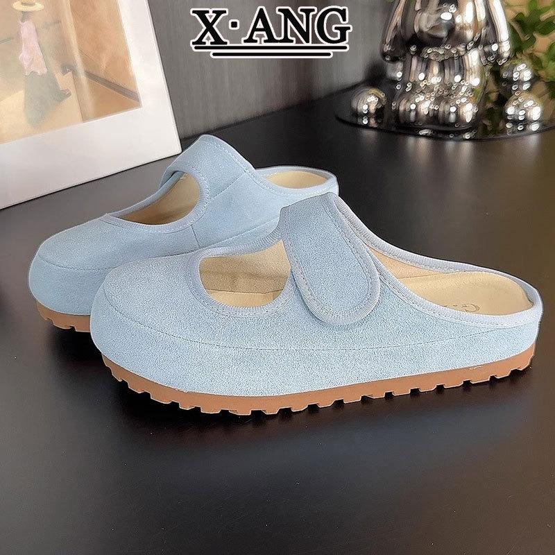 Cowhide thick-soled women's bag head and half slippers, wearing summer new lazy one-pedal single shoes sandals