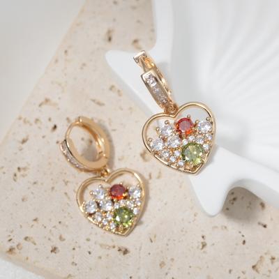 1 Pair Luxury Colorful Heart Shape Zirconia Dangle  Earrings for Women Golden Earring Jewelry Party Accessories