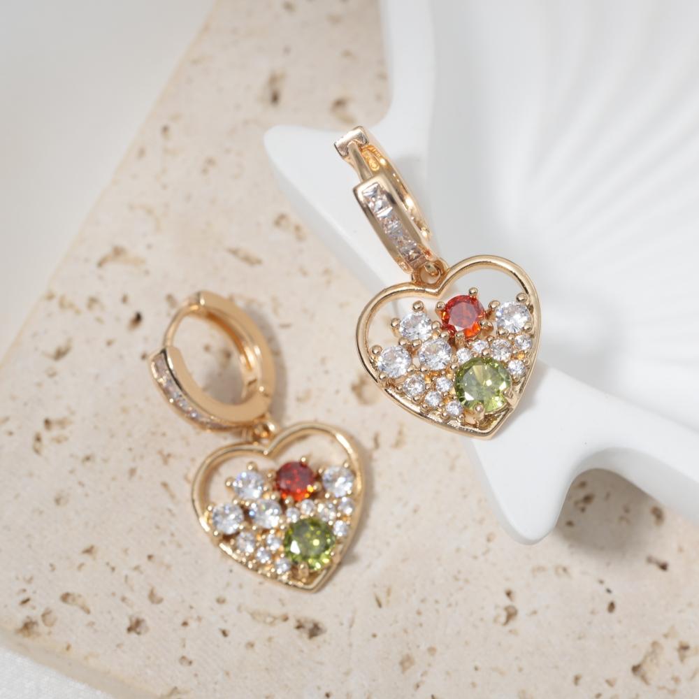 1 Pair Luxury Colorful Heart Shape Zirconia Dangle  Earrings for Women Golden Earring Jewelry Party Accessories