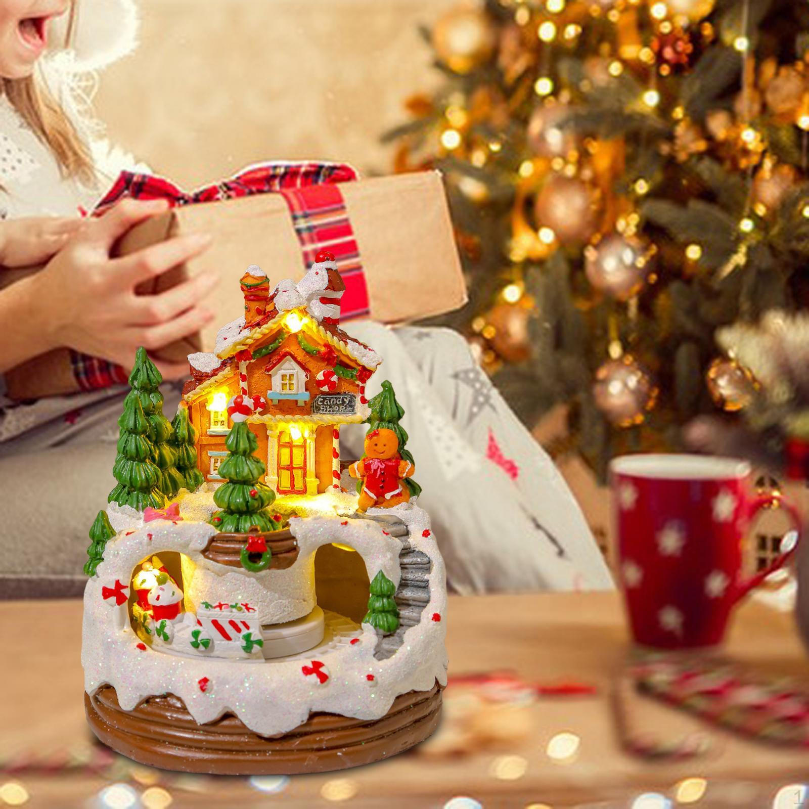 

Christmas Villages Houses Rotatable Music Box with Lights Cookie House Figurine Decoration