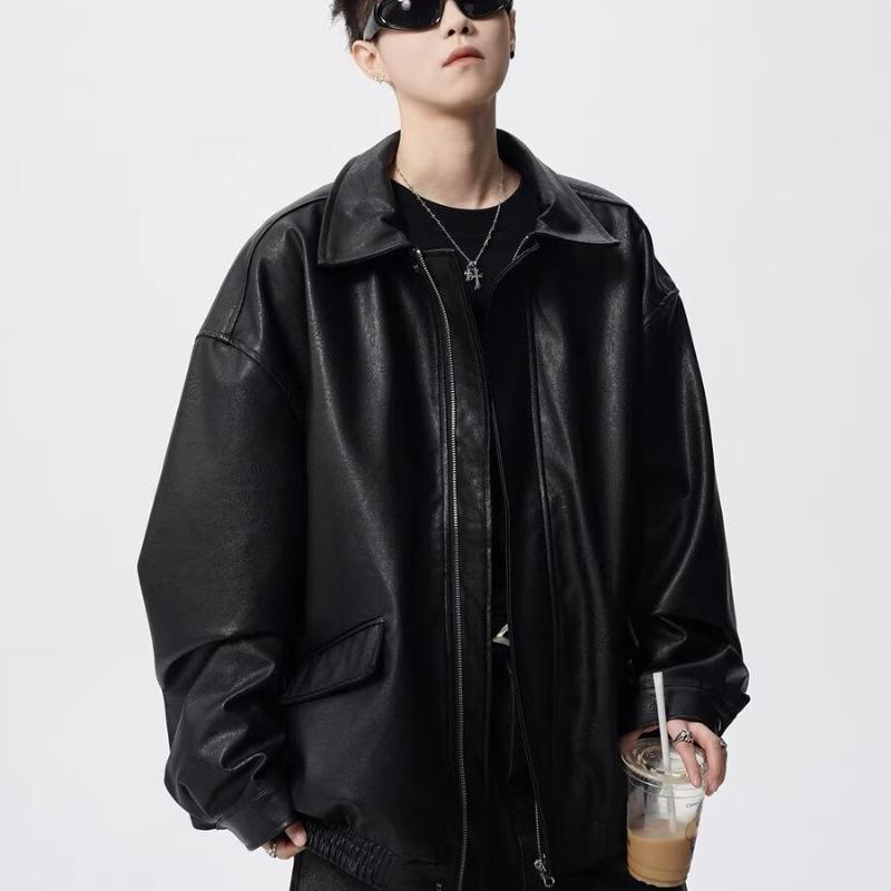 Men's Retro High Street Motorcycle Leather Jacket - Autumn/Winter Loose-Fit Lapel Coat