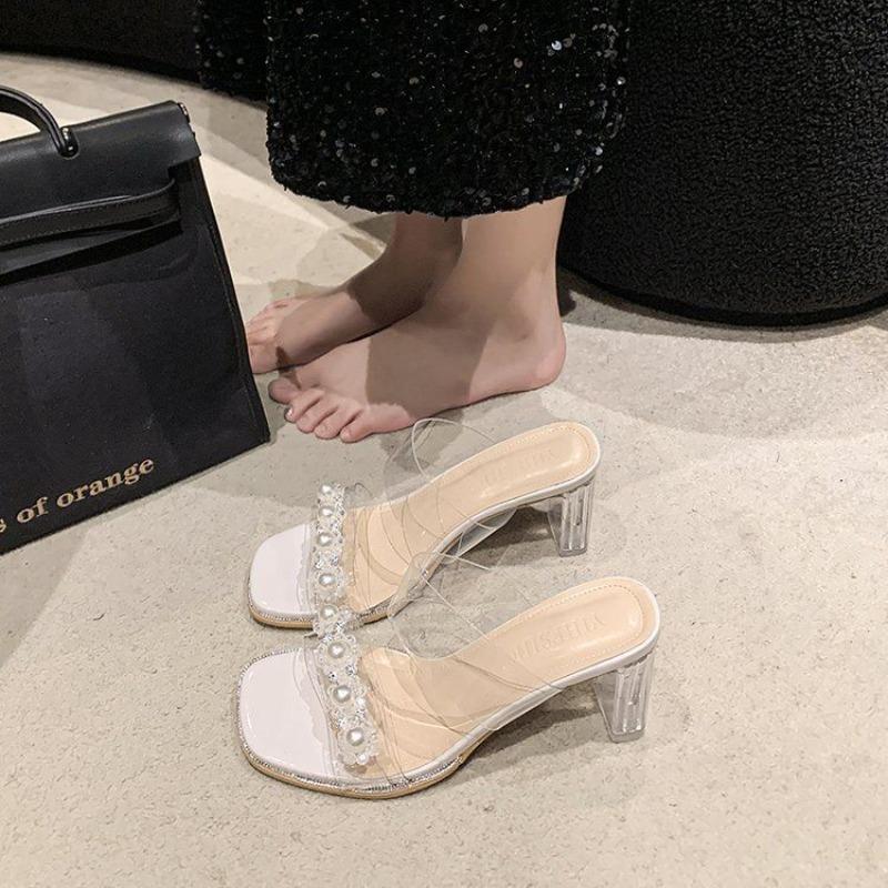 Pearl transparent word with thick heel crystal sandals high heel slippers women's summer wear new