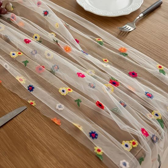 Embroidered Flower Table Runner Sheer Mesh Gauze Tablecloth for Spring Summer Delicate Floral Lace Table Decor for Wedding Party Dining Table
