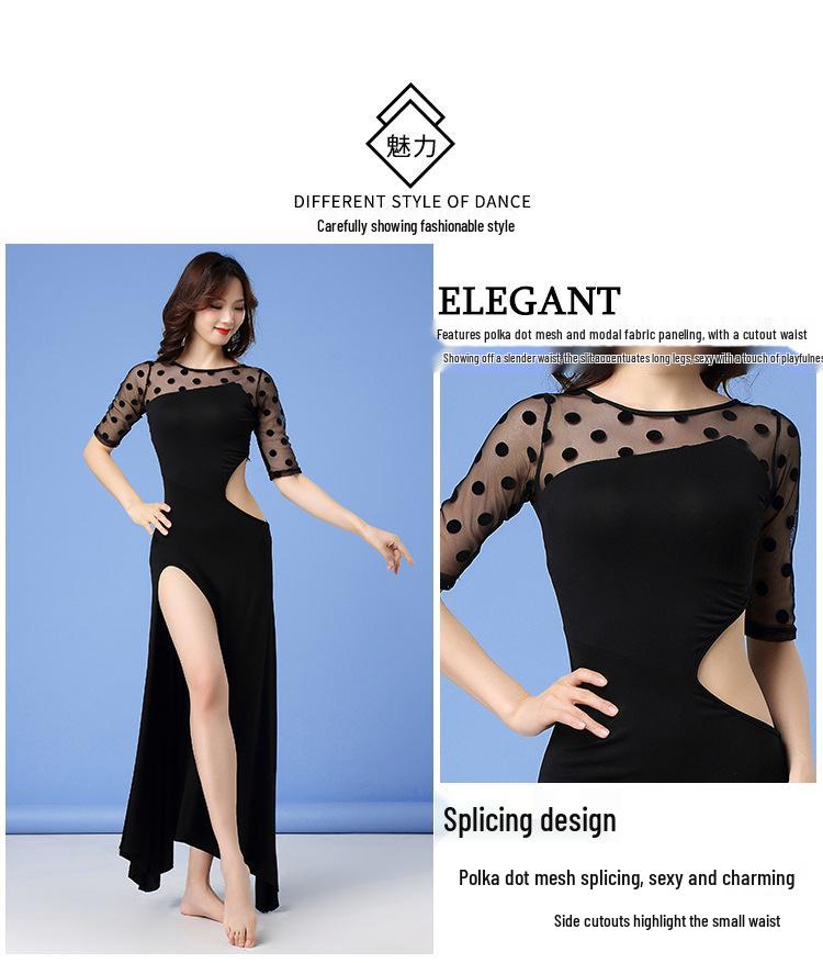 Huayu Hepburn Polka Dot Uitgesneden Modal Jurk voor Volwassen Vrouwen Buikdans Oefening