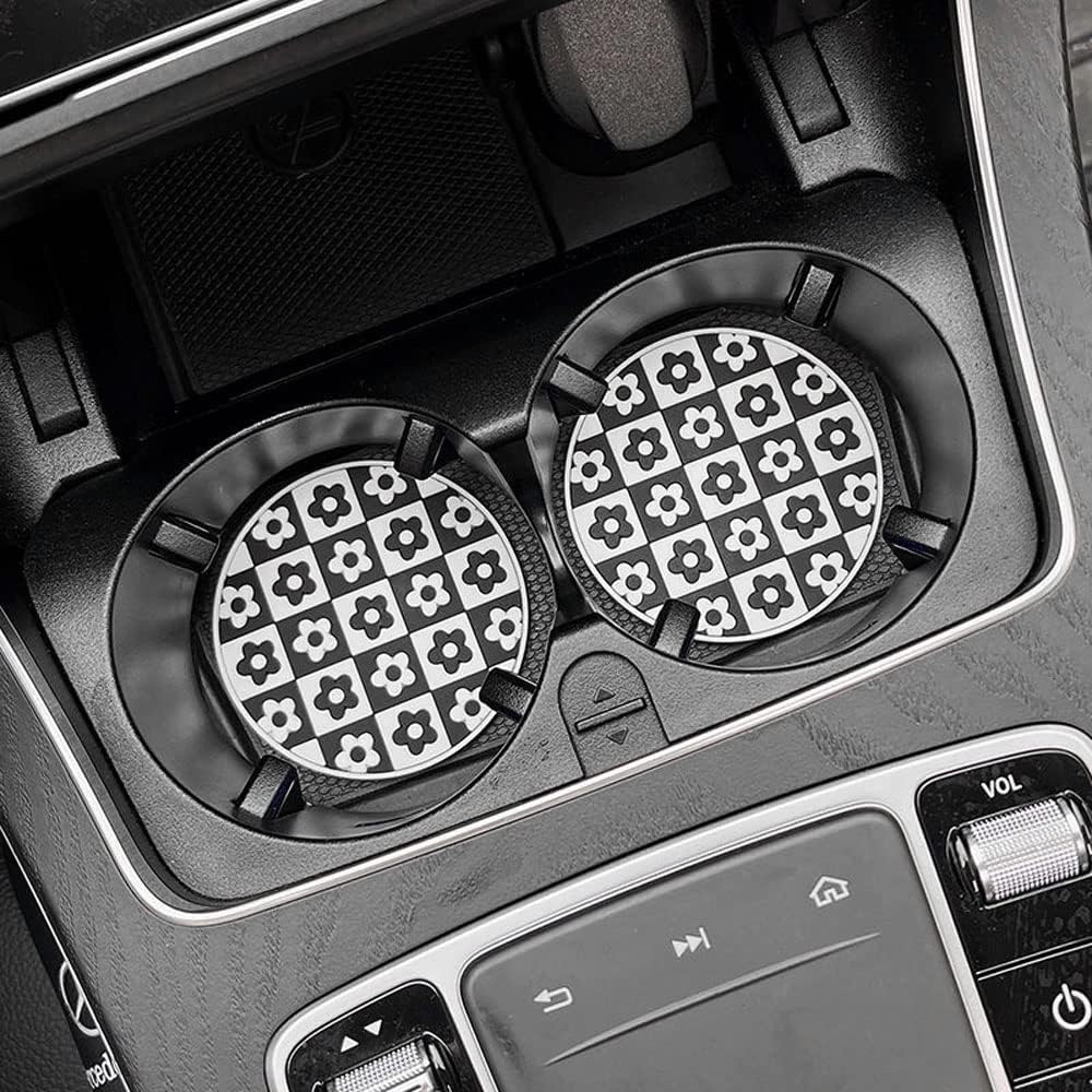 Car Coasters for Cup Holder Silicone, Car Cup Holder Coasters Pack of 2, Fashion Black White Checkerboard Gird
