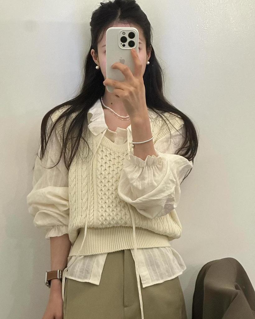 Korean Chic Cotton Jacquard Ribbon Shirt & Cable Knit Vest Set for Women