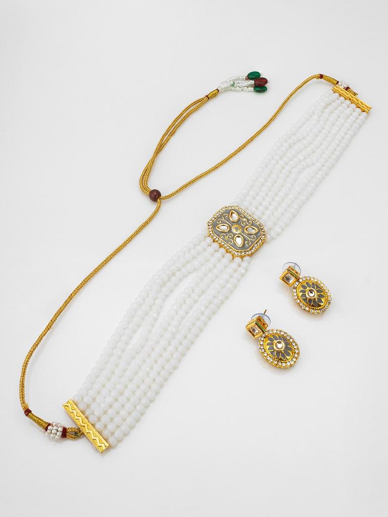 Gold-Plated White Stone-Studded & Beaded Handcrafted Jewellery Set