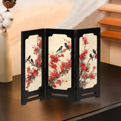 Mini-Blumen-Faltbildschirm Rustikal 3-teiliger Raumteiler Chinesischer Stil Vintage Desktop-Faltbildschirm Feng Shui Ornamente für Zuhause Büro Tischdekoration