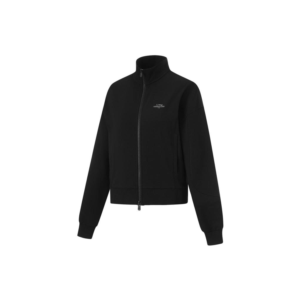 Li Ning Fitness Series Stand Collar Solid Color Zipper Long Sleeve Loose Cardigan Sweatshirt Women outerwear Black AWDU764-5