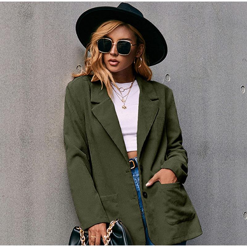 Corduroy Women Coat Autumn Winter Solid Color Long Sleeve Coats with Pockets Buttons Business Lady Outwear