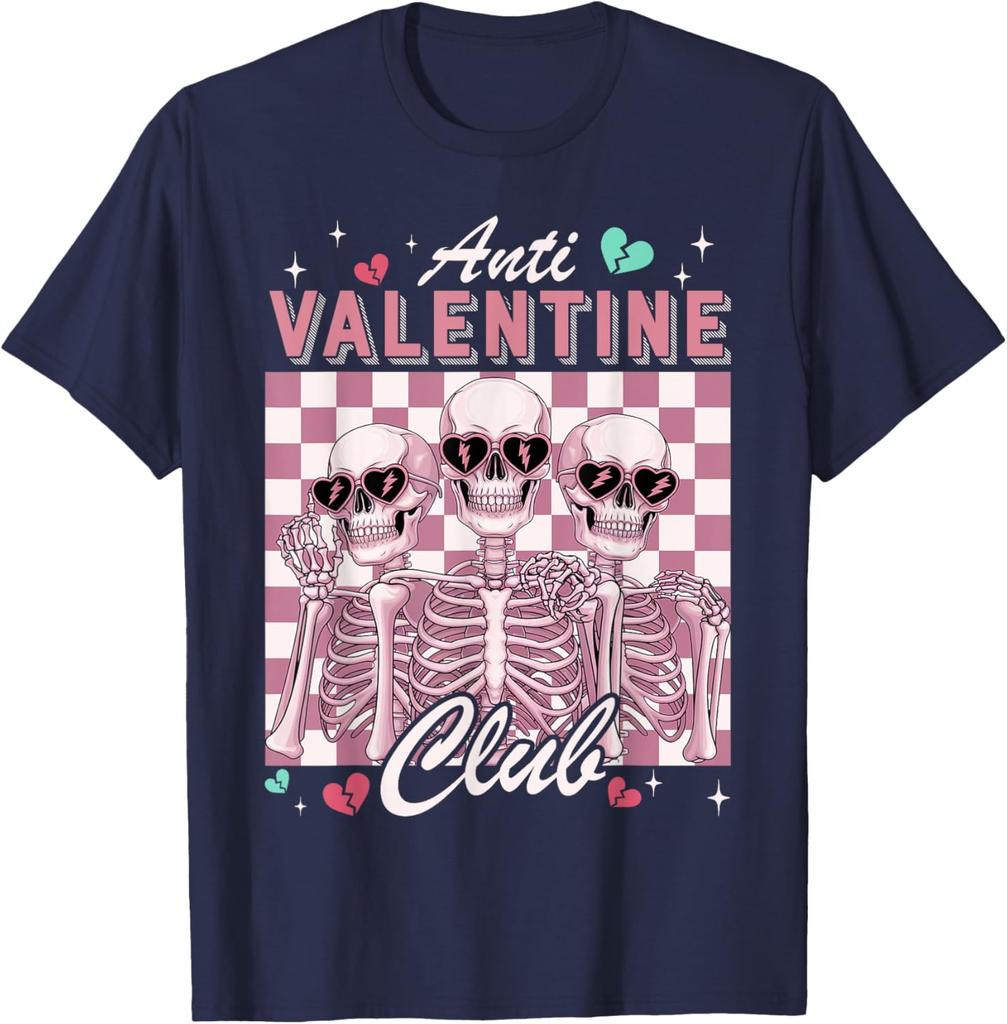 Anti-Valentinstag-Club-Skelett-Grafik-T-Shirt, lustiges Single-Day-Freizeit-Rundhals-T-Shirt für Männer und Frauen