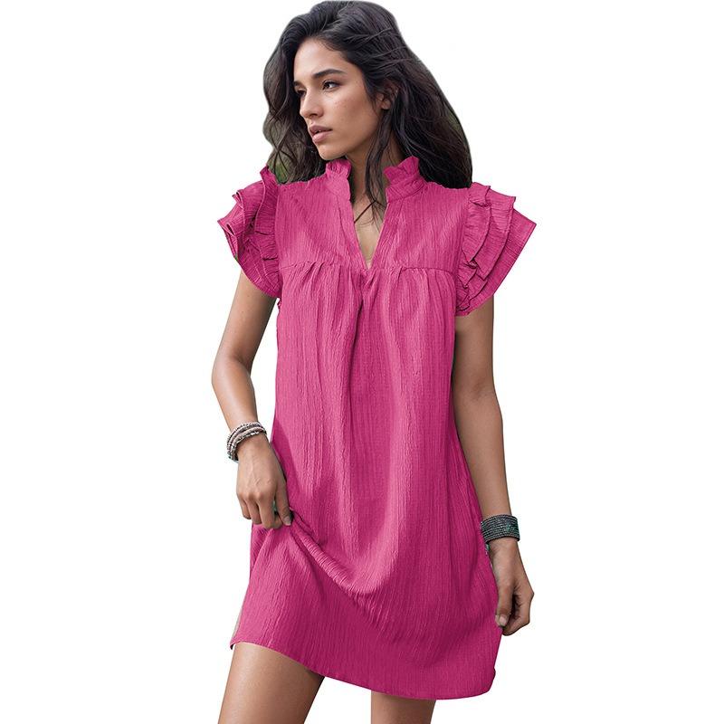 Elegant Women Short Sleeve Summer Dress New Fashion Stand Collar Layered Ruffled Sleeve A-line Casual Dresses Solid Loose V Neck Party Short Dress 859
