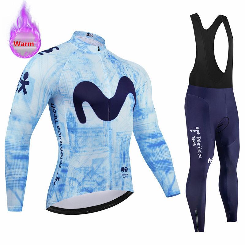 Movistar Racing Thermal Fleece Cycling Jersey Set Bicycle Bib Shorts Bike Clothing Ropa Maillot Ciclismo Hombre Bicicleta Kit