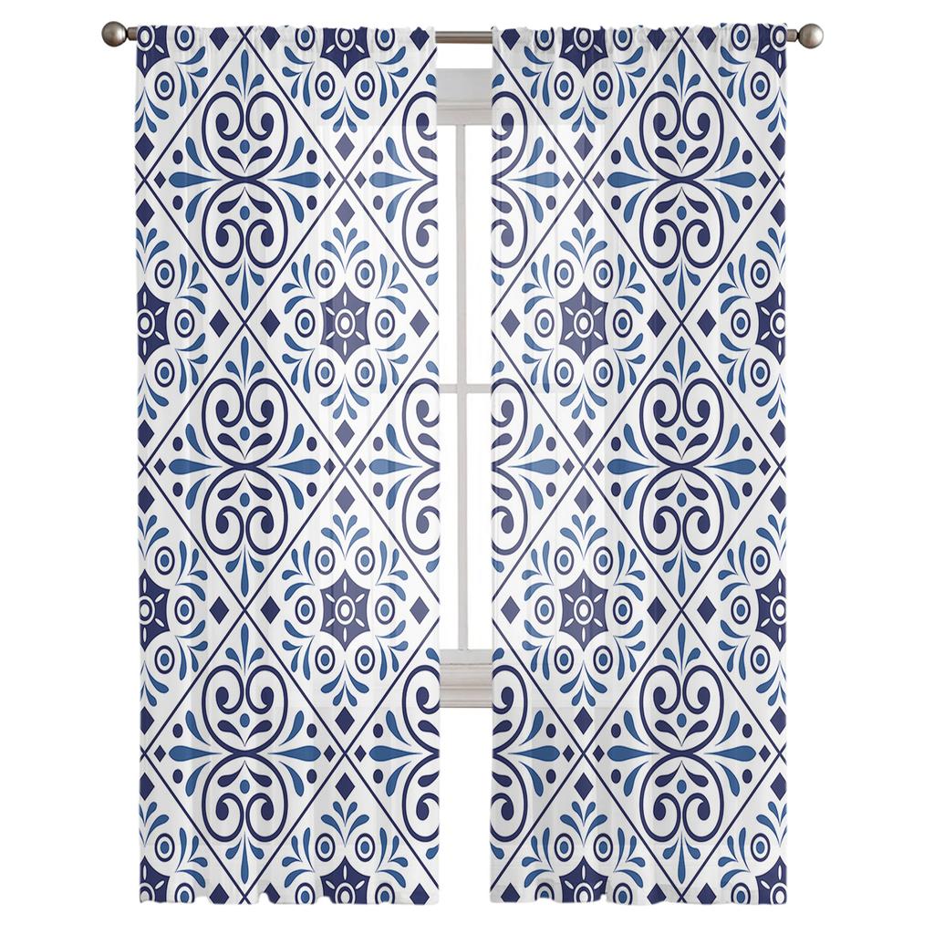 Klassische Vintage Blau-Weiße Keramikfliesen Transparente Vorhänge für Wohnzimmer Tüll für Fenster Voilegarn Kurze Schlafzimmervorhänge