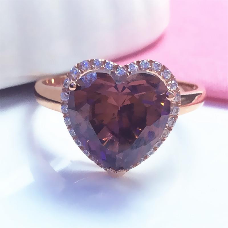 Purple Gold Egg Surface Heart Shape Shining Foreign High-Grade Purple Gold Love Zircon Color Gold Plated Rose Gold Ring Women