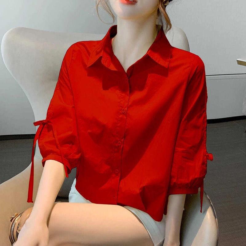 Cotton Solid Color Shirt for Women Summer Loose and Breathable Top Lantern Sleeve Shirt