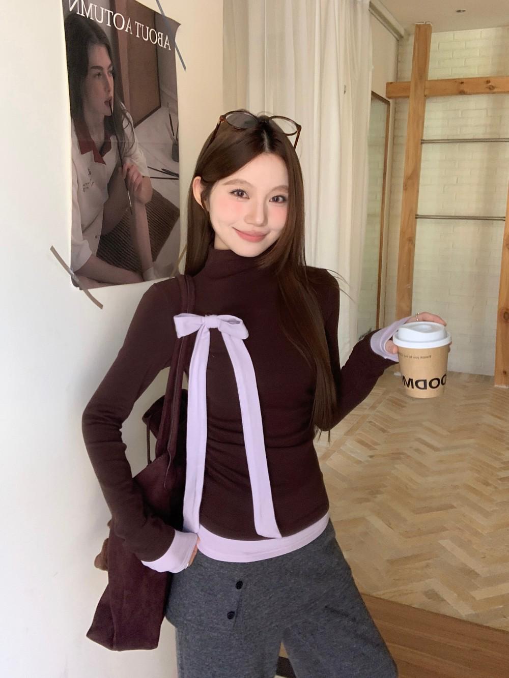 

Korean Style Slimming Long Sleeve Color Block Bow Top for Women - Gentle & Sweet Autumn/Winter Large коричневый