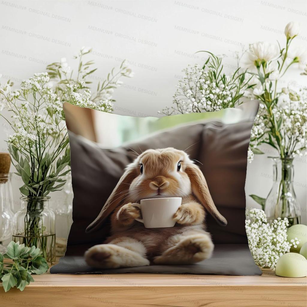 1Pc Lop-Eared Rabbit Holding Cup Printed Throw Pillow Cover, Suitable For Sofa,Bedroom,Living Room,A Fun Gift For Animal Lovers.