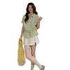 Women's Mint Green Shirt Ladies' Waist Cinching Tie Short Sleeves Blouse Summer New Female Korean Version Casual Slimming Top