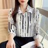 Women's Vertical Stripe Long Sleeve Blouse Vintage Lapel Collar Loose Fit Non Iron Chiffon Shirt For Spring Autumn Daily Wear