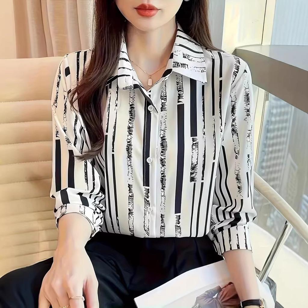 Women's Vertical Stripe Long Sleeve Blouse Vintage Lapel Collar Loose Fit Non Iron Chiffon Shirt For Spring Autumn Daily Wear