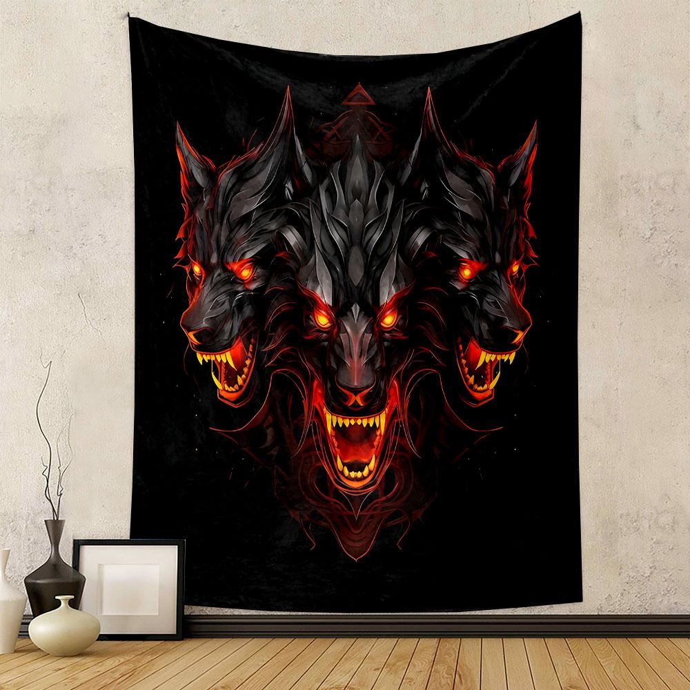 "Fiery Three-Headed Wolf Design" Patterned Tapestry Decorative Wall Hanging, Home Bedroom Living Room Decor