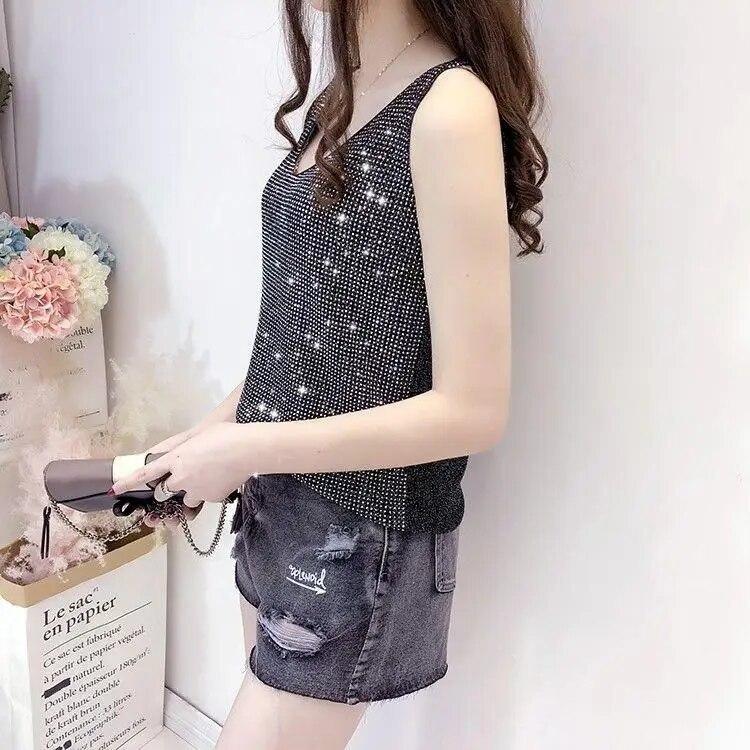 Summer Women's Ice Silk Diamond Camisole Loose Sleeveless V-neck Bottoming Shirt Tank Crop Tops